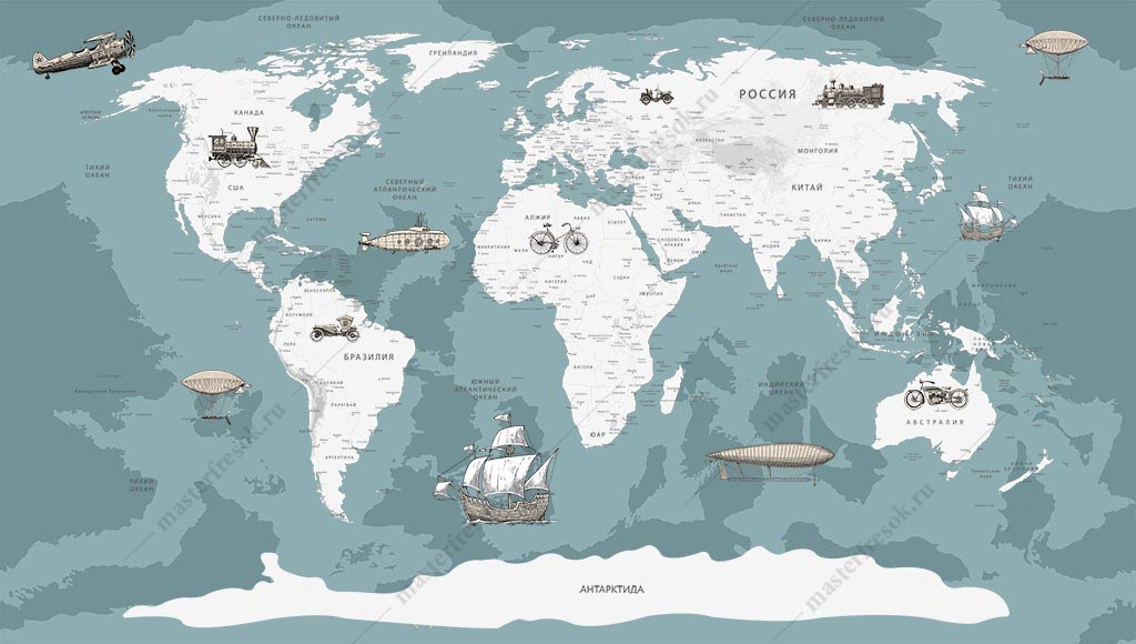 Фотообои Карта мира с надписями на голубом фоне